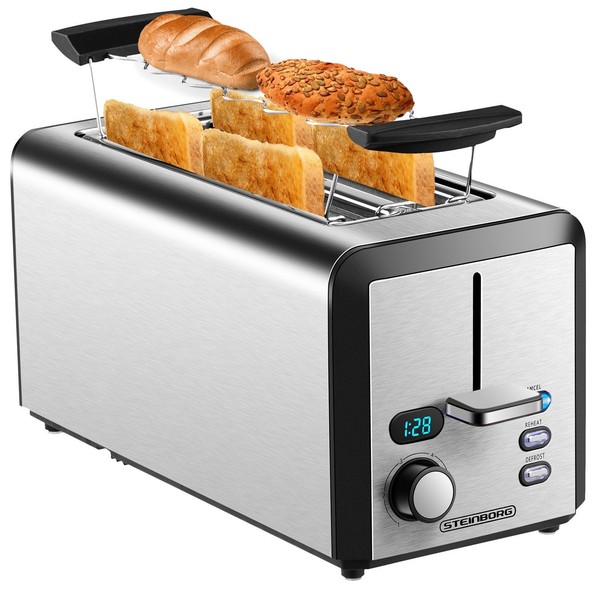 Xxl Edelstahl Toaster Langschlitz 4 Scheiben Toastautomat BröTchenaufsatz-image