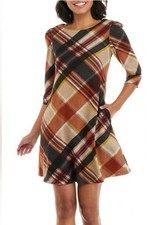 Jessica Howard Women’s Small SOFT Multi Brown Plaid 3/4 Sleeve Dress Pockets NWT