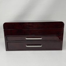Wood Jewelry Box 2 Drawer Gloss Mahogany Quilted Lined Organizer Chest