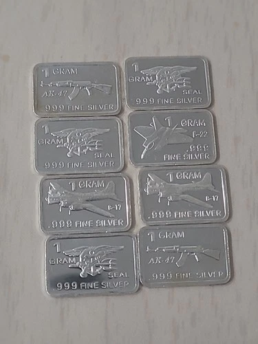 Lot Of 8 1 Gram .999 Fine Silver Bars Lot #1
