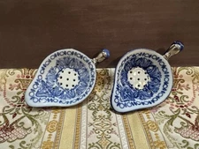 Bombay and Company Tea Strainer Cobalt Blue White Silver Porcelain LOT of 2