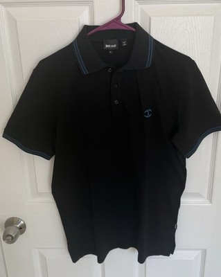 Just Cavalli Chest Insignia Men's Polo Shirt, Black /Blue Logo & Stripes  Sz Med