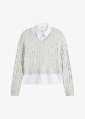 Neu Pullover mit Zopfmuster Gr. 40/42 Hellgrau Damen Langarm Strick-Pulli