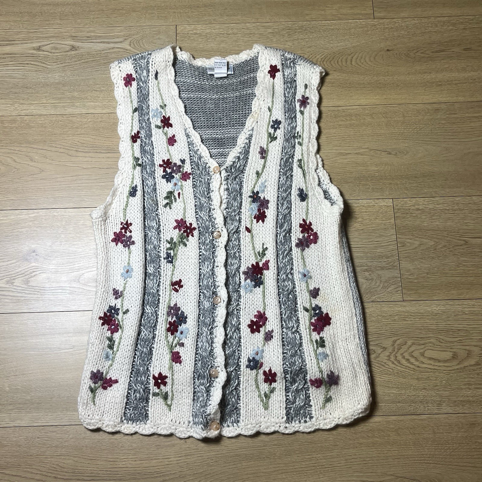 Vintage Adrian Delafield Knit Embroidered Button Sweater Vest Large Cottagecore