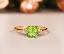 Cushion Cut Natural Peridot 14K Yellow Gold Plated Silver Vintage Wedding Ring