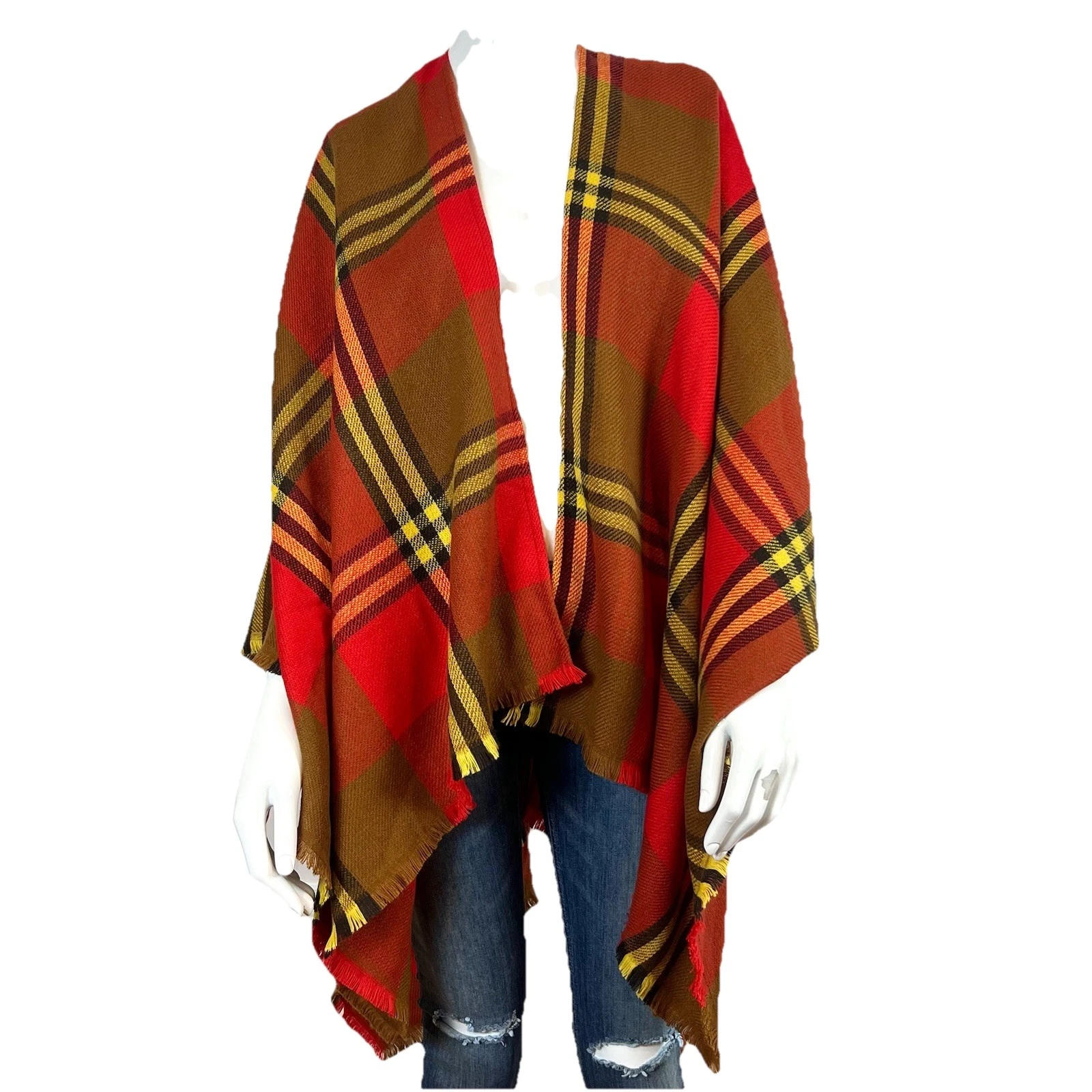 Lands' End Poncho Jacket Cover Up Cape Women's One Size Red Plaid Holidays