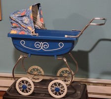 Vintage 1960s Toy Baby Carriage Stroller Buggy For Doll - Royal Blue w/ Canopy