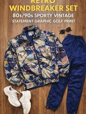 Vintage 80s 90s Windbreaker Tracksuit Set Graphic Golf Print Retro Athleisure