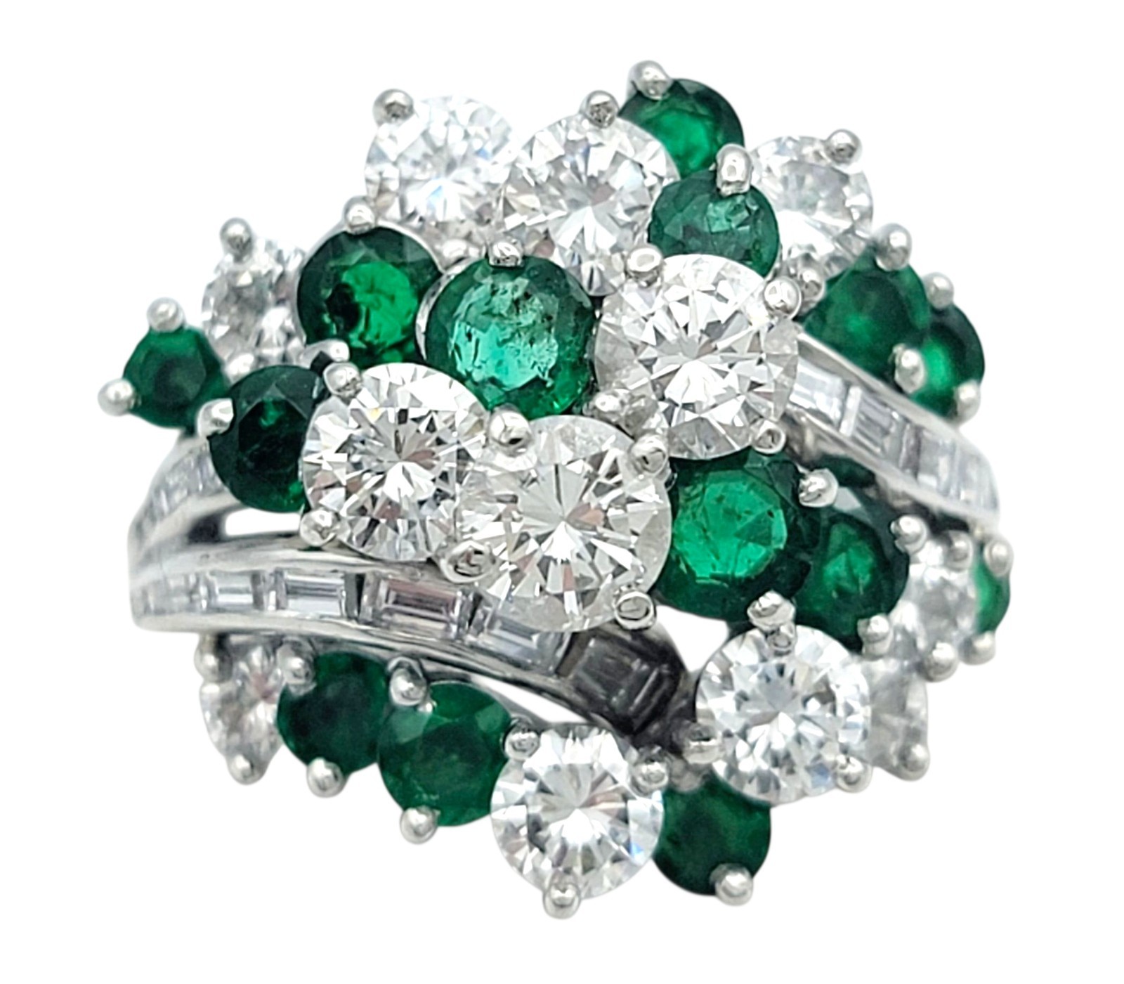 Platinum Emerald & Diamond Domed Cluster Cocktail Ring