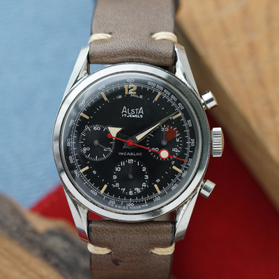 Vintage Alsta - JP Pingouin 1960s Chronograph Broad Arrow Steel Valjoux