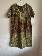 Vintage African Ankara Dashiki Print Shift Dress Short Sleeve Green Orange L