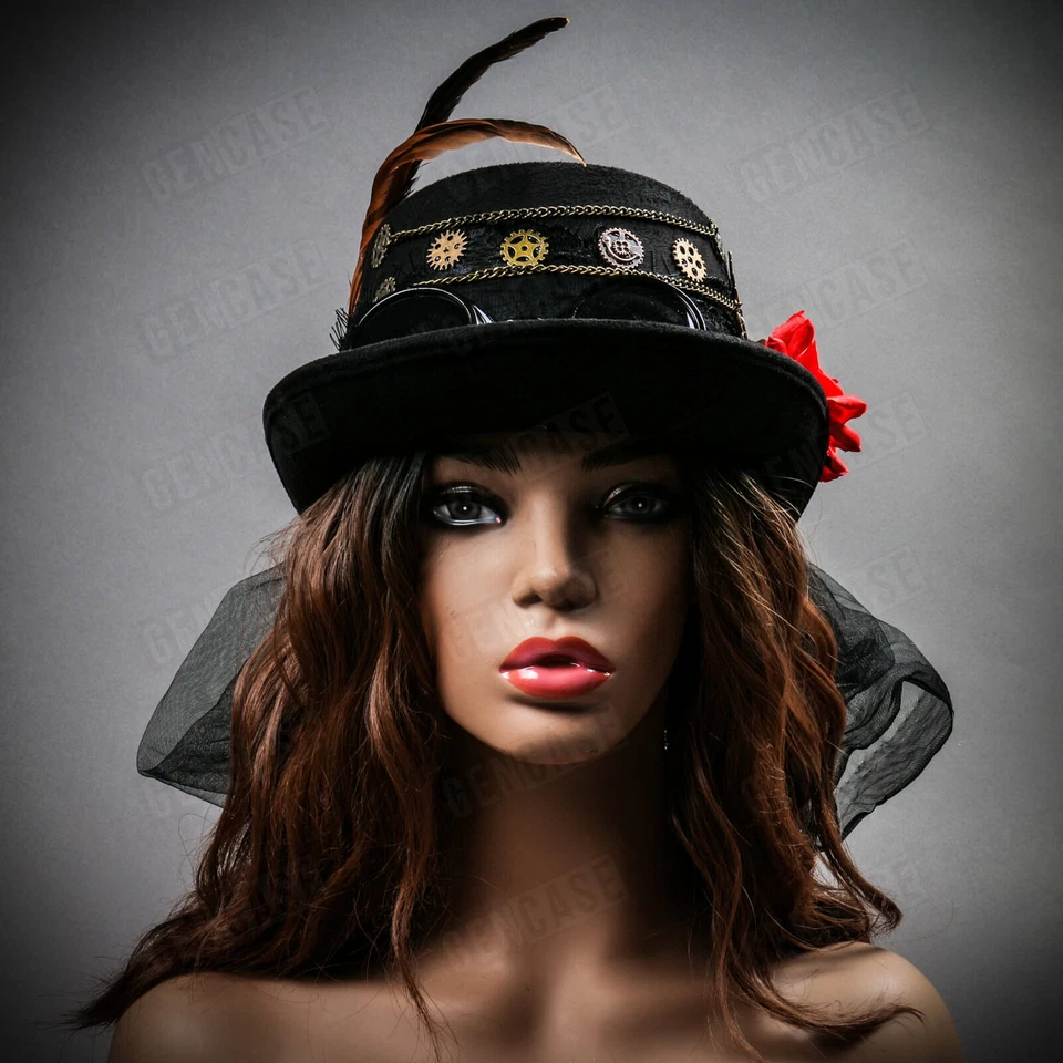 Negro Steampunk Rosa Encaje SEXY Gafas Mujeres Pluma Top Sombrero Fiesta Cabeza Equipo Foto 2 de 4