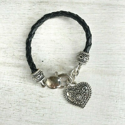Nina Ricci Black Leather Large Heart Charm Bracelet 8 