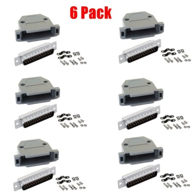 6 Pack DB25 D-SUB 25-Pin Male Solder Cup Serial Connector w/ Plastic Hood Shell