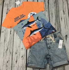 Baby Gap Boys 12-18 Months Shark Orange Shirt Denim Shorts. Nwt
