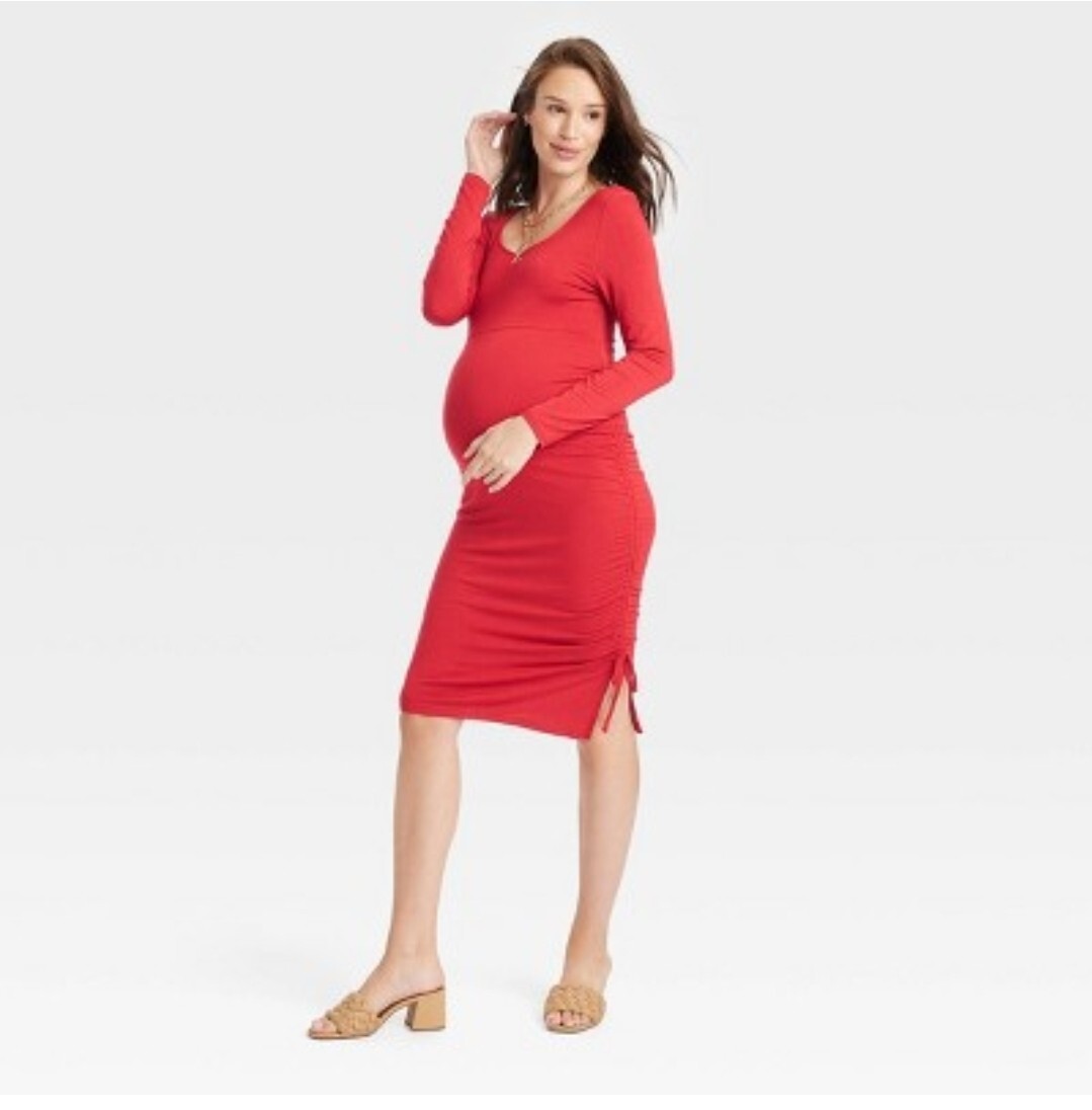red maternity bodycon dress Momyknows Ruched Bowknot Draped High Neck Backless Bodycon Elegant Maternity Baby Shower Maxi Dress, Black / S