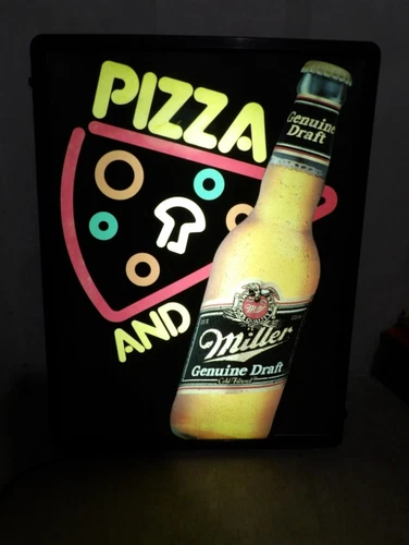 Vintage 1980s 1988 Pizza & Miller Genuine Draft Beer Lighted Sign MGD