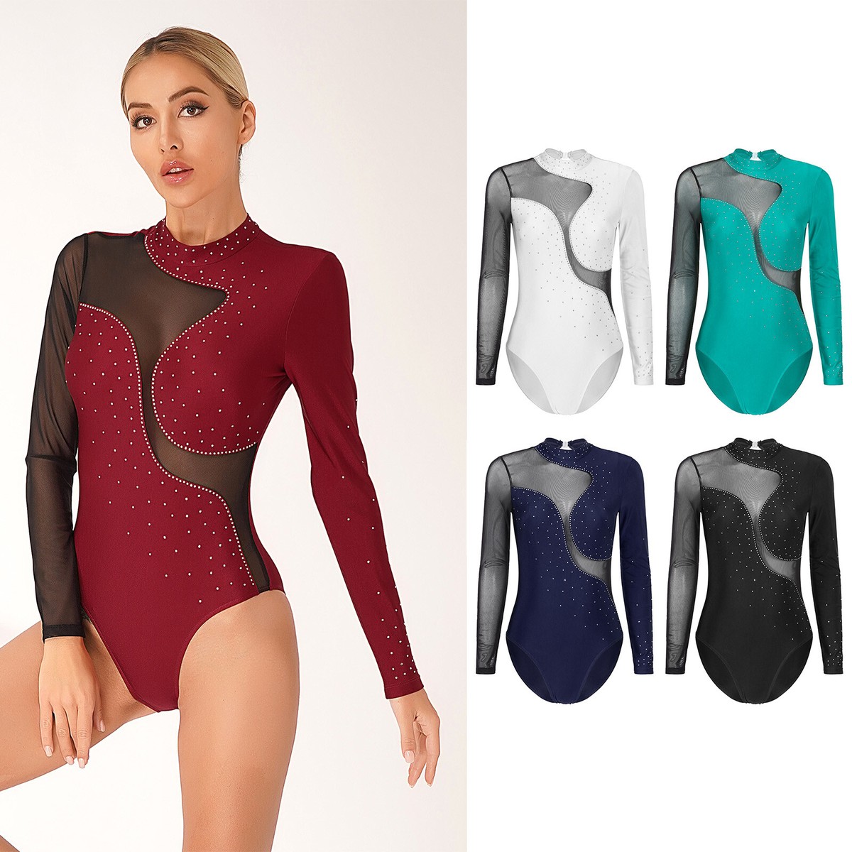 US Womens Leotard Gymnastics Bodysuit Mesh Dancewear Dance Keyhole