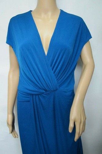 Maxi Vestido Kate & Mallory Azul Marino Elastizado Tejido Mangas Gorra Cuello Surpelliz Talla M - Imagen 4 de 5
