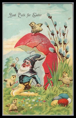 EASTER GNOME HOBBIT EGG HATCHING PUSSY WILLOWS CHICKS UNDIVIDED BACK POSTCARD