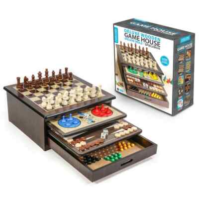 Deluxe Holz Spielhaus 10in1 Brettspiel Schach Dame Backgammon Ludo Mancala