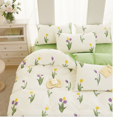 Amy Tulip Farmhouse White Purple 100% Cotton Reversible Comforter Set Queen