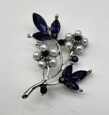 Lovely blue rhinestone faux pearl flower brooch pin wedding mothers day