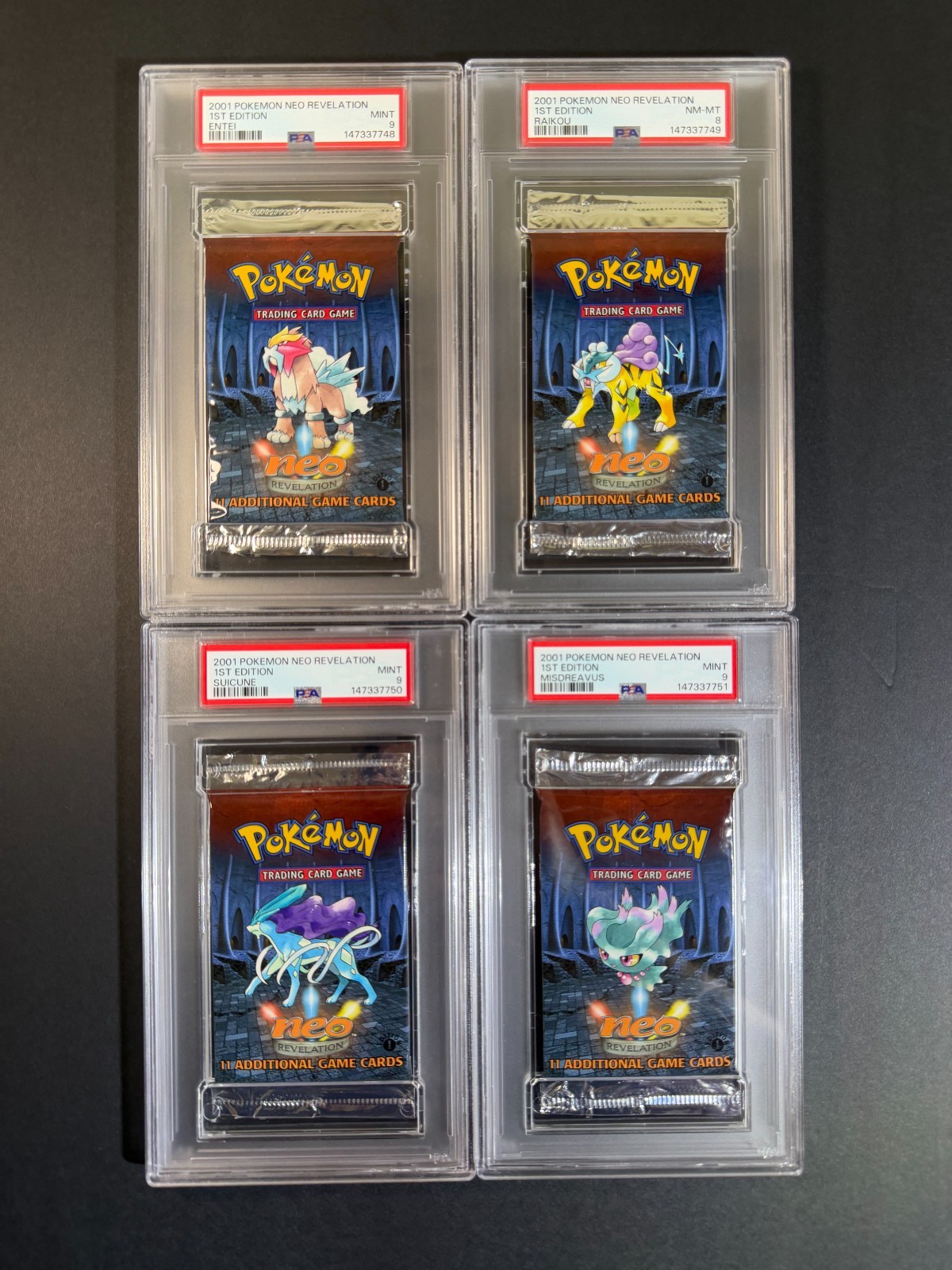Pokémon Neo Revelation 1st Ed Booster Pack Sequential Art Set PSA 9s (3) & 8 (1)