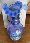 GORGEOUS Fenton Iridized Blue Glass Vase Hand Paint 1999 Harmony Messenger Rare!