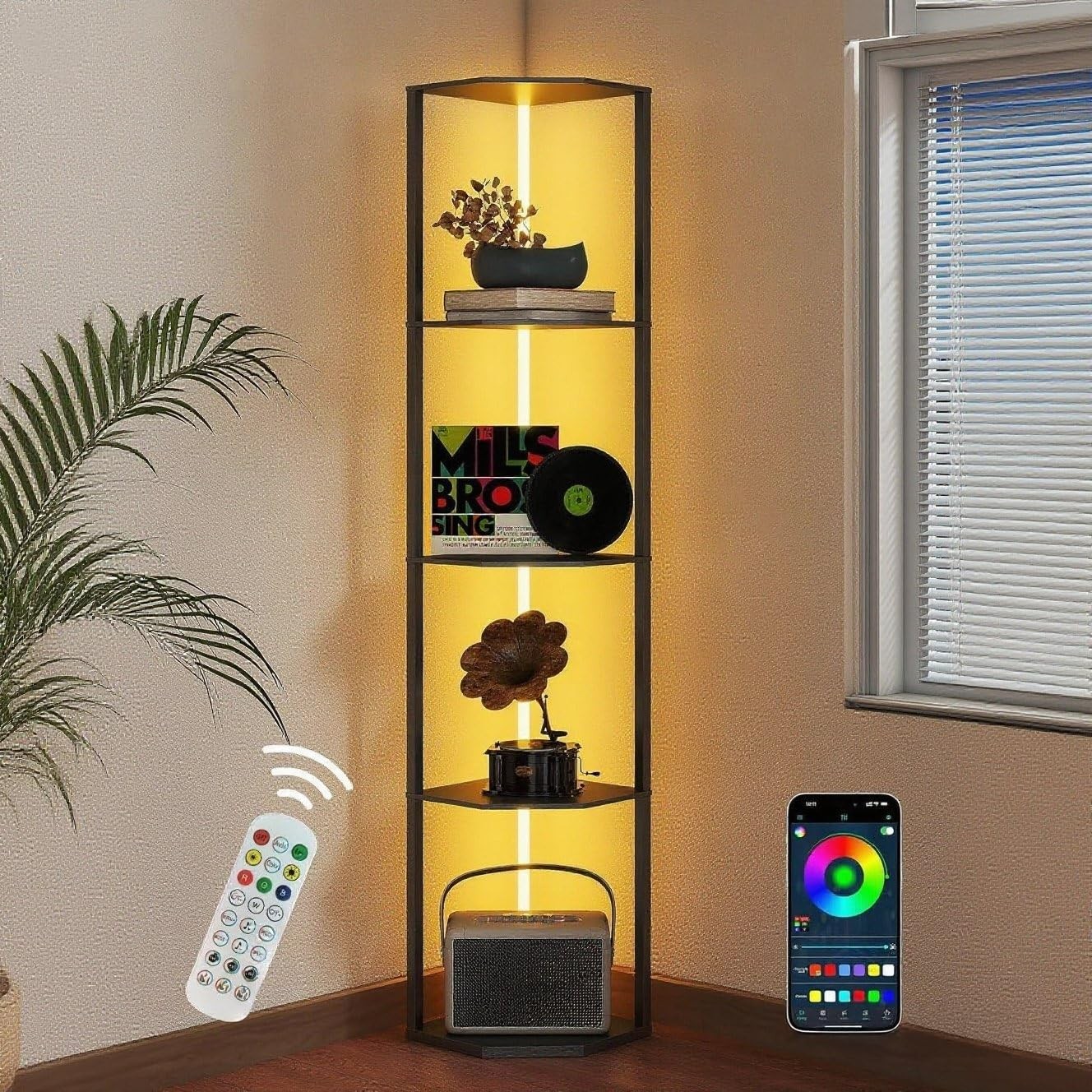 5 Tier Corner Shelf with Light, Curio Collection Display Rack,Dimmable Lighti...