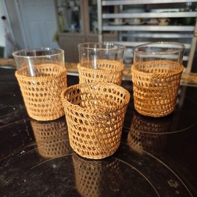3 Woven Cane Recycled  Seagrass Drinking Glasses Schott Mainz Jena Glas Tumbler