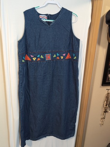 Abito donna denim senza maniche vintage anni 90 Country Wear disegno floreale taglia 2X - Foto 1 di 7
