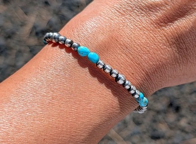 Navajo Perlen Armband 925 Türkis Silber 4,3 mm Perlen handaufgereiht oxidiert