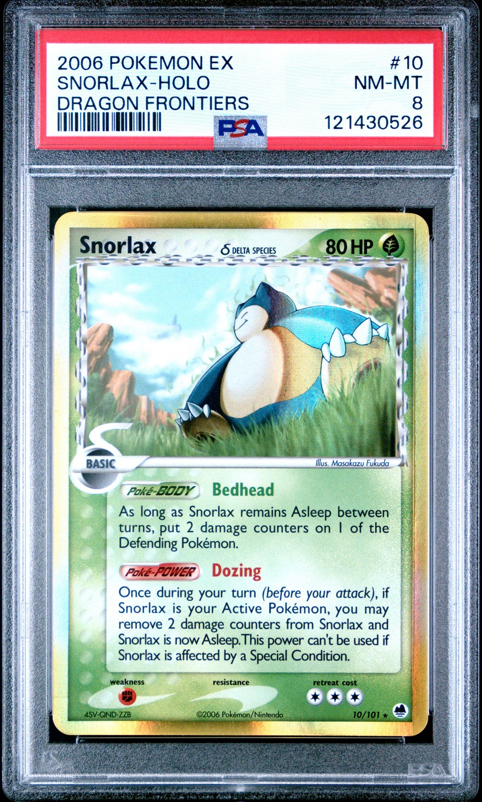 2006 POKEMON EX DRAGON FRONTIERS #10 SNORLAX-HOLO PSA 8