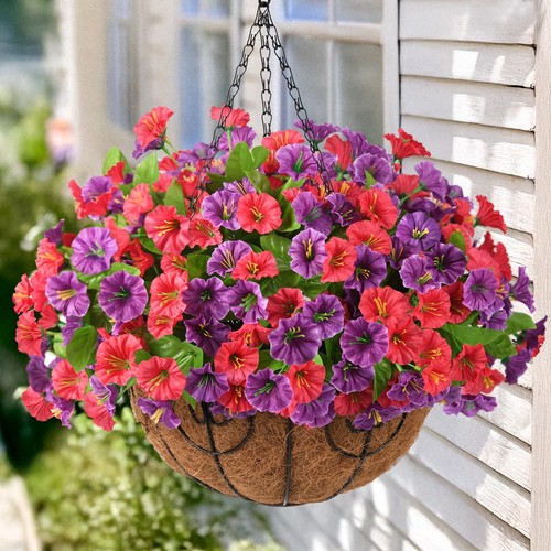 Artificial Fake Hanging Flowers with Basket for Outdoors, Faux Silk Petunias ...