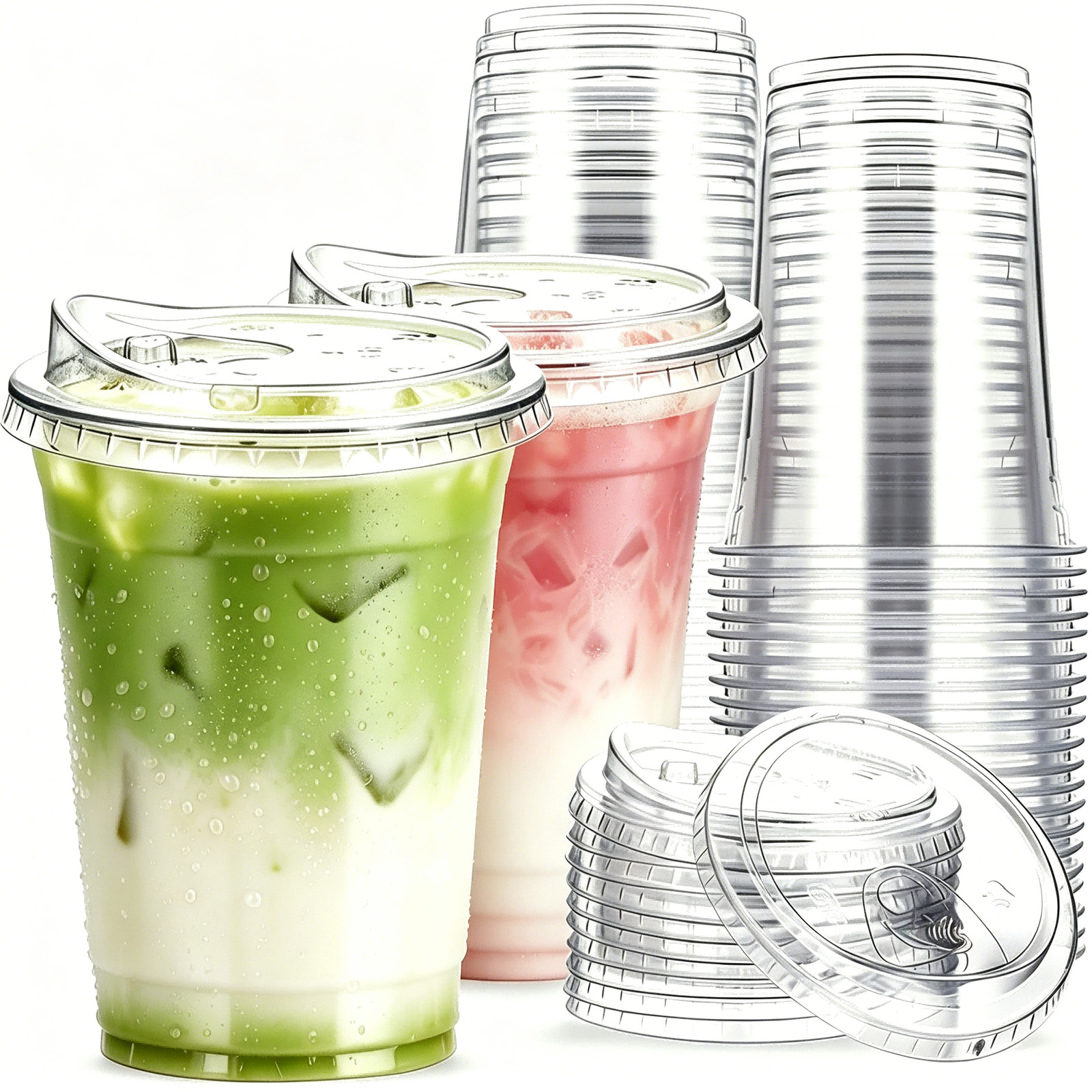 50/100 Pack 16-24oz Clear Plastic Cups with Strawless-Sip-Lids, Disposable Cup