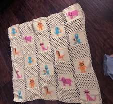 Vintage Handmade Granny Square Crochet Multicolor Baby Blanket Bunny Cat 34"x40"