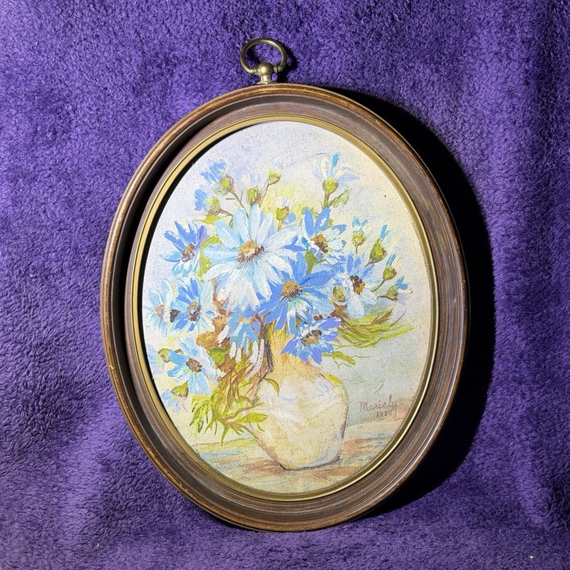 Mariel Signed Framed Floral Still Life Painting Blue Flowers in Vase 12x9 in