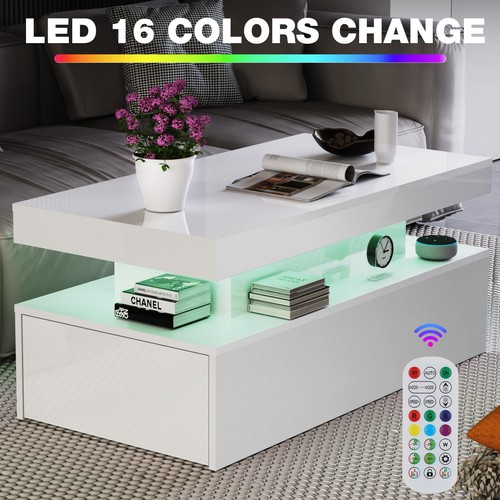 High Gloss LED Coffee Table With Storage 2 Drawers Modern Living Room Furniture - Picture 11 of 17