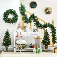 HOMCOM Prelit Holiday Christmas 4-Piece Set, Garland Wreath And Set Of 2