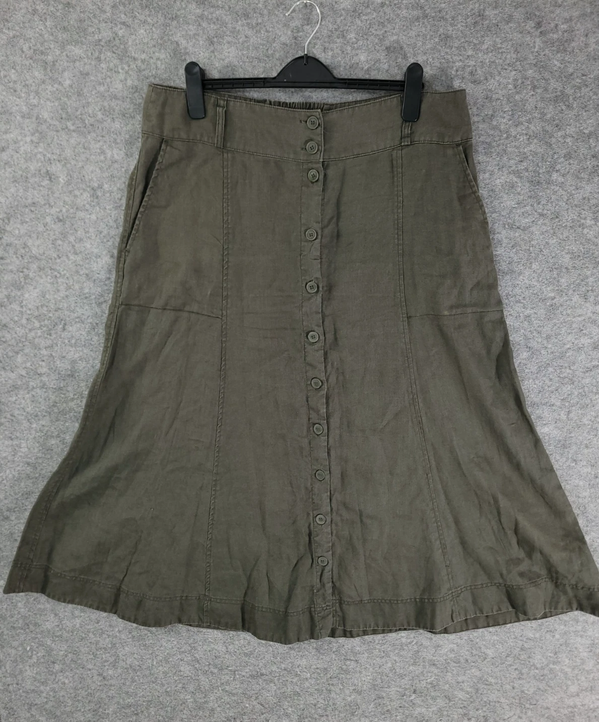 Monsoon Linen Skirt Size 16 Full Button Flare Khaki