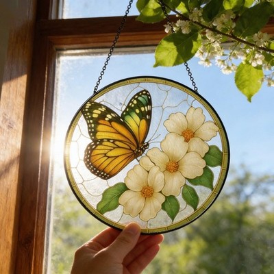 Butterfly Glass Suncatcher Window Hanging, Floral Butterfly Sun Catcher