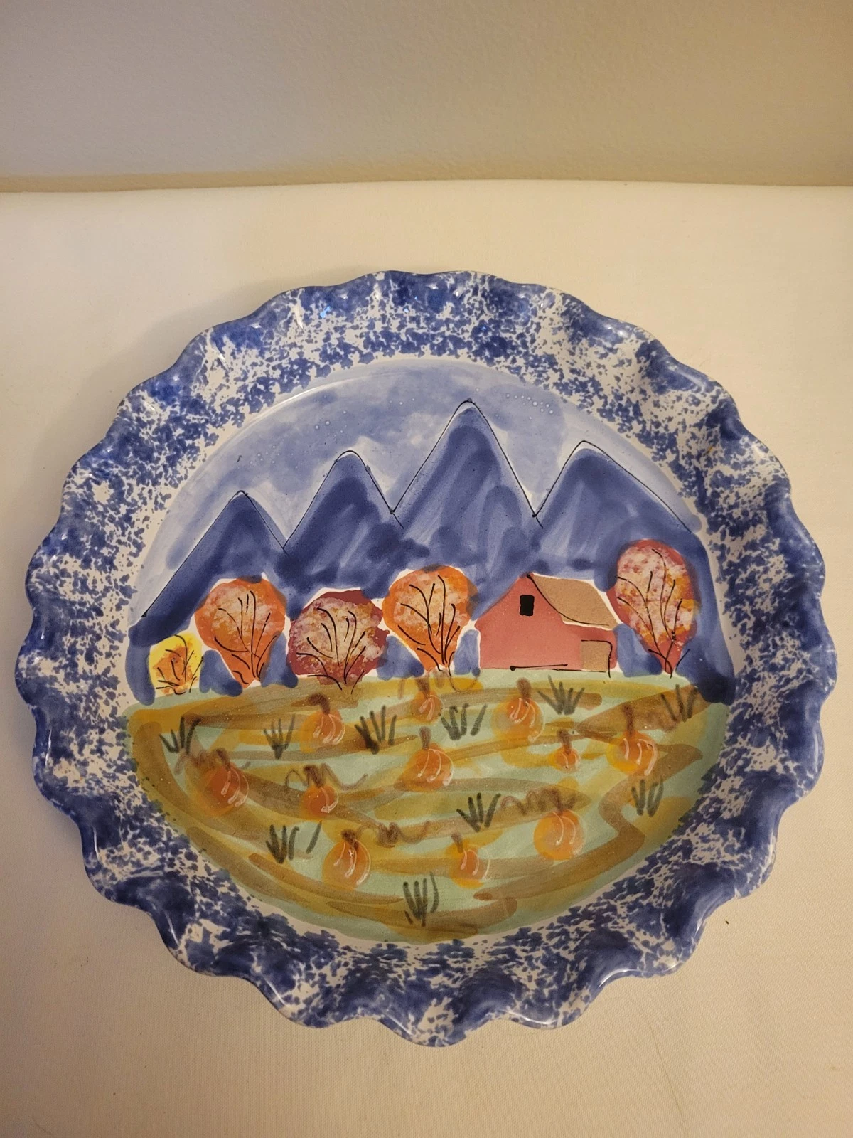 EMILE HENRY 10'' DEEP DISH BLUE RUFFLED PIE PLATE MOUNTAINS PUMOKIN PATCH TREES