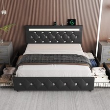 Full/Queen Size Bed Frame with 4 Storage Drawers, LED and Charging Headboard