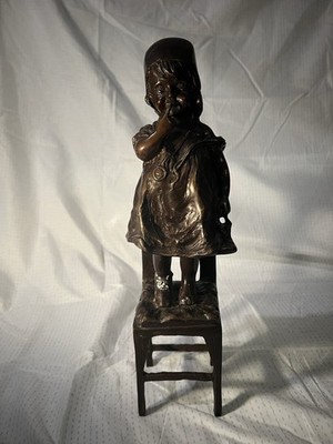 Vtg Juan Clara Sculpture Girl on Chair Holding Shoe Bronze Finish 12.5  #G