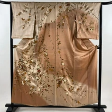 Japanese Silk Houmongi Kimono M 158cm Salmon pink Yamato Thread spool Butterfly