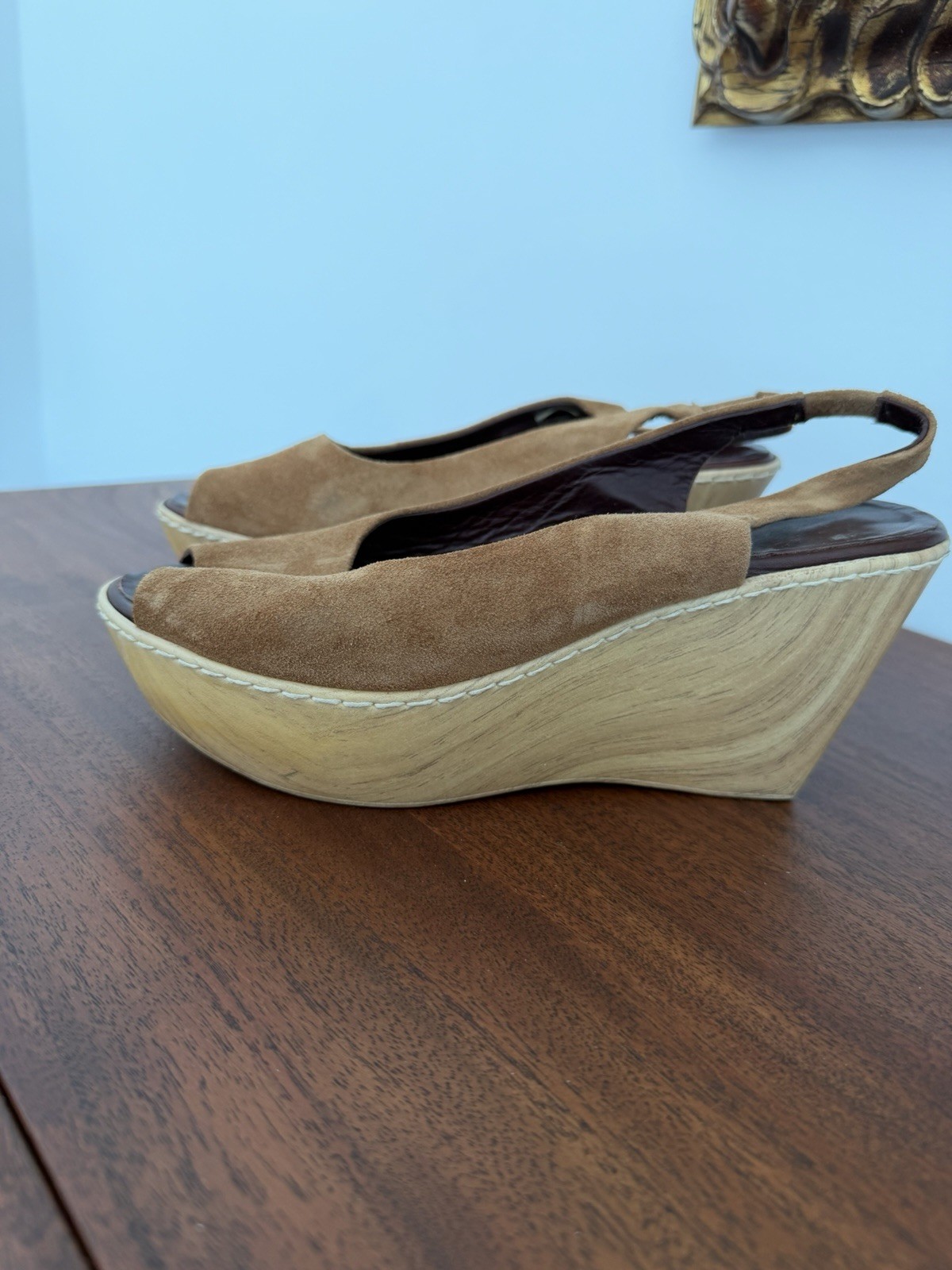 Women’s Tan Suede Slingback Wedge Sandals Open Toe Slip On Casual Solid 9.5