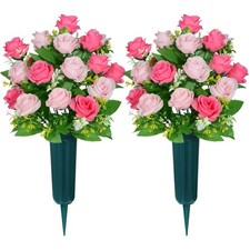 Artificial Cemetery Flowers with Vase, Headstone Flowers Rose Bouquet, Gravey...