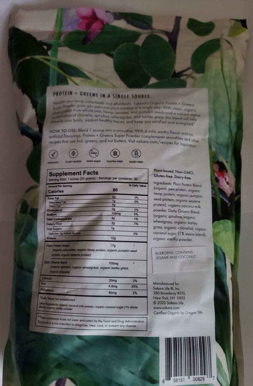 Sakara ORGANIC Protein + Greens Super Powder 21.16 oz 30 Serv Exp 5/2024 نقاش21