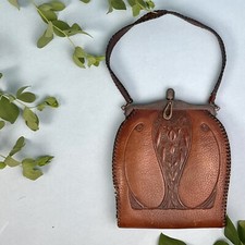 ANTIQUE 1918 ARTS CRAFTS HAND TOOLED ART NOUVEAU FLORAL LEATHER TURNLOCK PURSE
